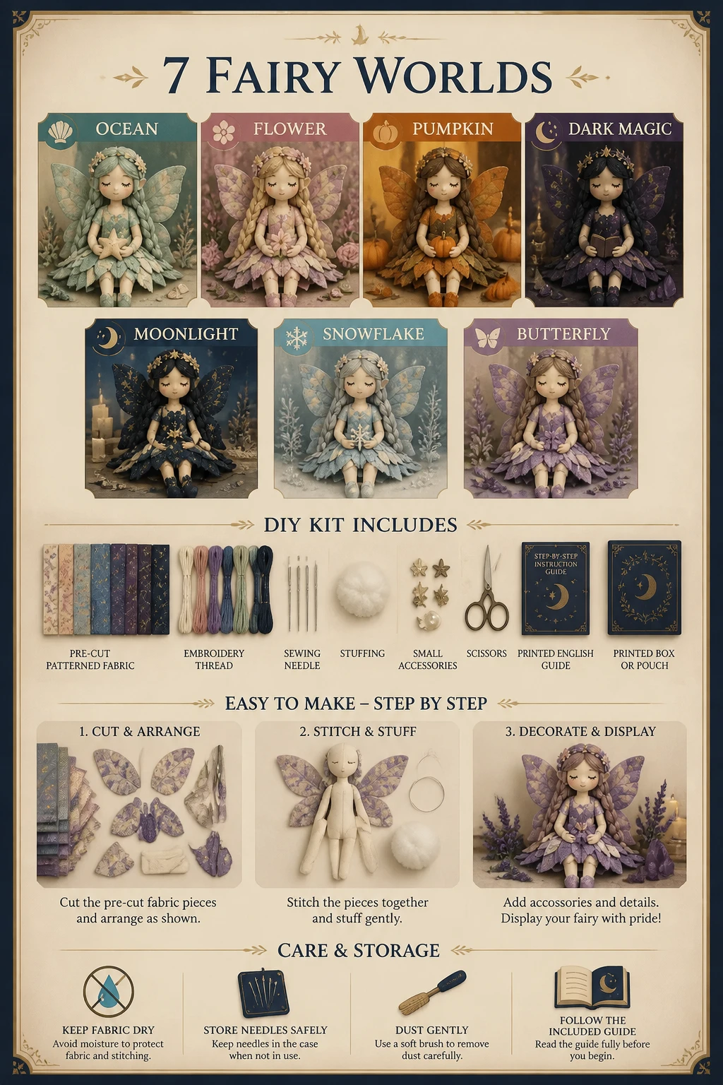 Vertical seven-theme patchwork fairy board showing materials, three making steps and care guidance