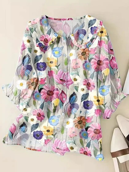 Women's Casual Peter Pan Collar Printed Cotton Linen Shirt