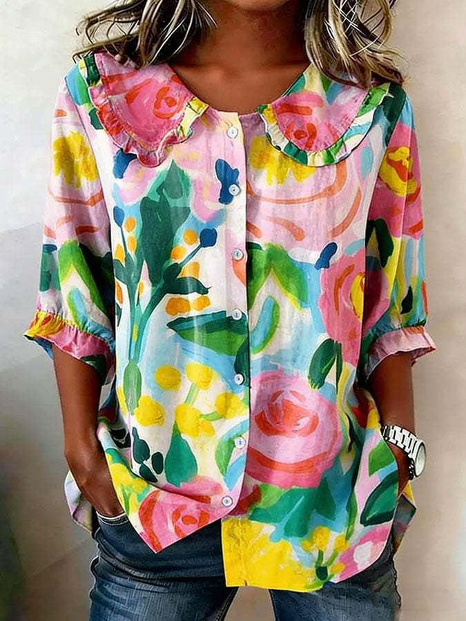Women's Casual Peter Pan Collar Printed Cotton Linen Shirt