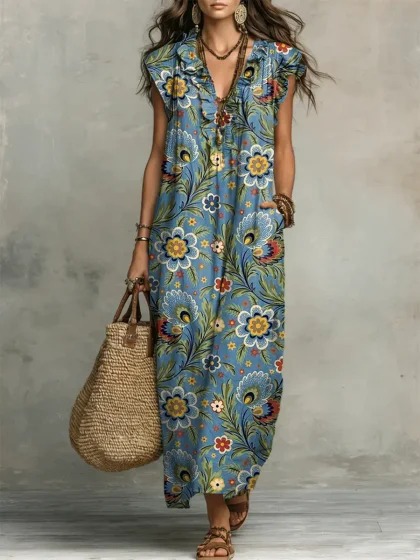 Y2 Retro Distressed Large Floral Dress V-Neck Ruffle Sleeveless Pocket Loose Holiday Long Dress - Bamboo Linen