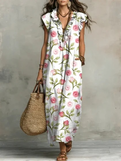 Y2 Retro Distressed Large Floral Dress V-Neck Ruffle Sleeveless Pocket Loose Holiday Long Dress - Bamboo Linen
