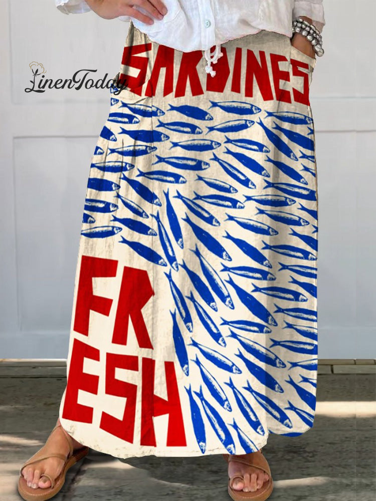 Women's Vintage Fish Sardines Art Print Linen Pocket Skirt