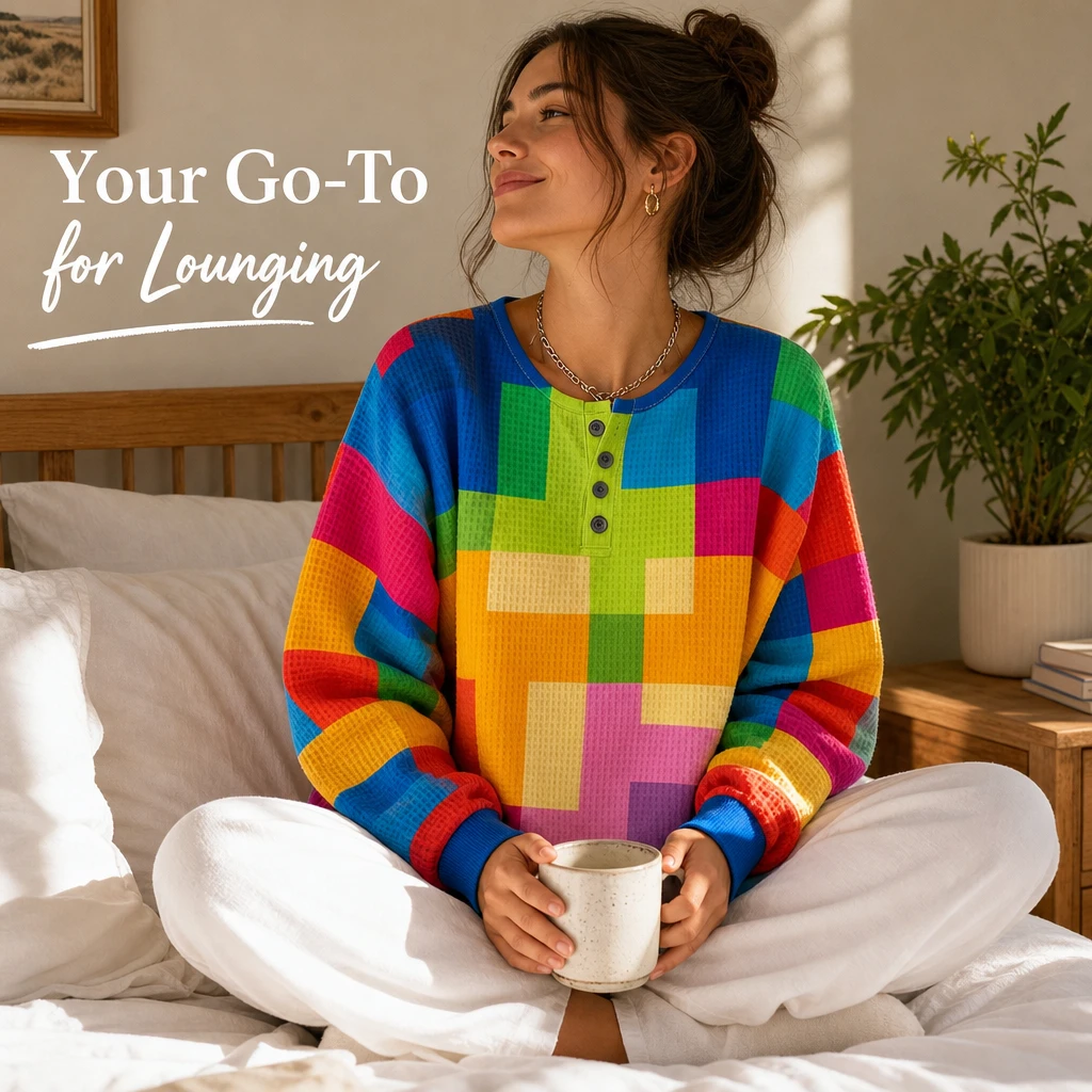 A back view of the sweatshirt on a person reaching for a book on a chaise lounge.
