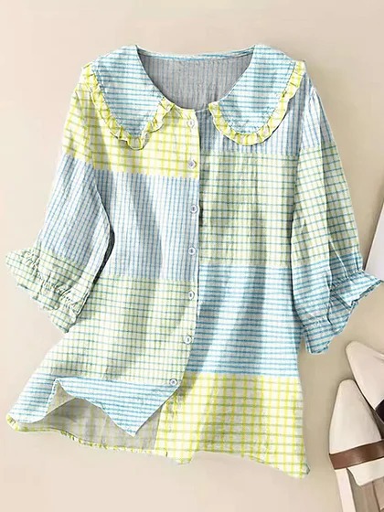 Women's Casual Peter Pan Collar Printed Cotton Linen Shirt