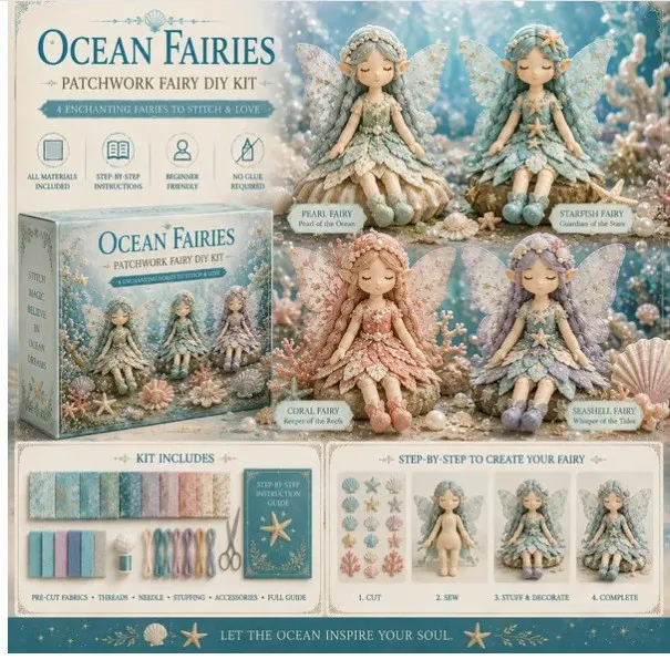 Ocean Fairies patchwork fairy DIY kit with four ocean-themed fabric fairies, box, materials and step-by-step guide