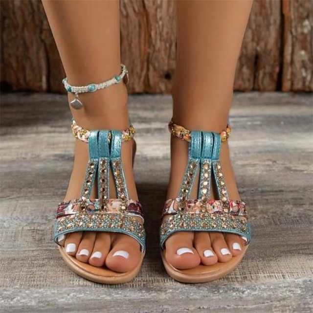 Women's Wedge Sandals with Rhinestone Embellishments – Comfortable Elastic Straps and Floral Patterned Details for Casual Summer Wear
