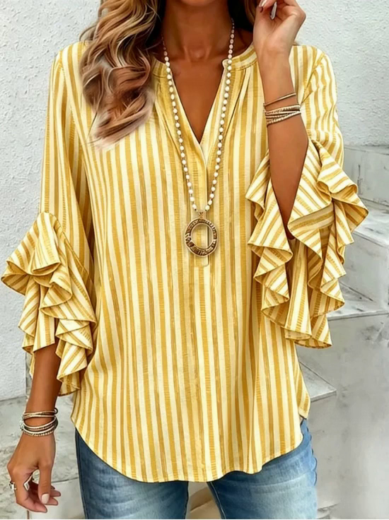 Striped V Neck Casual Loose Shirt