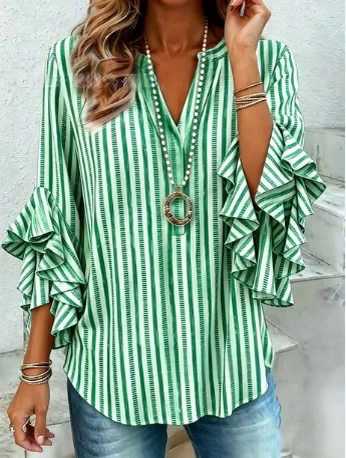 Striped V Neck Casual Loose Shirt