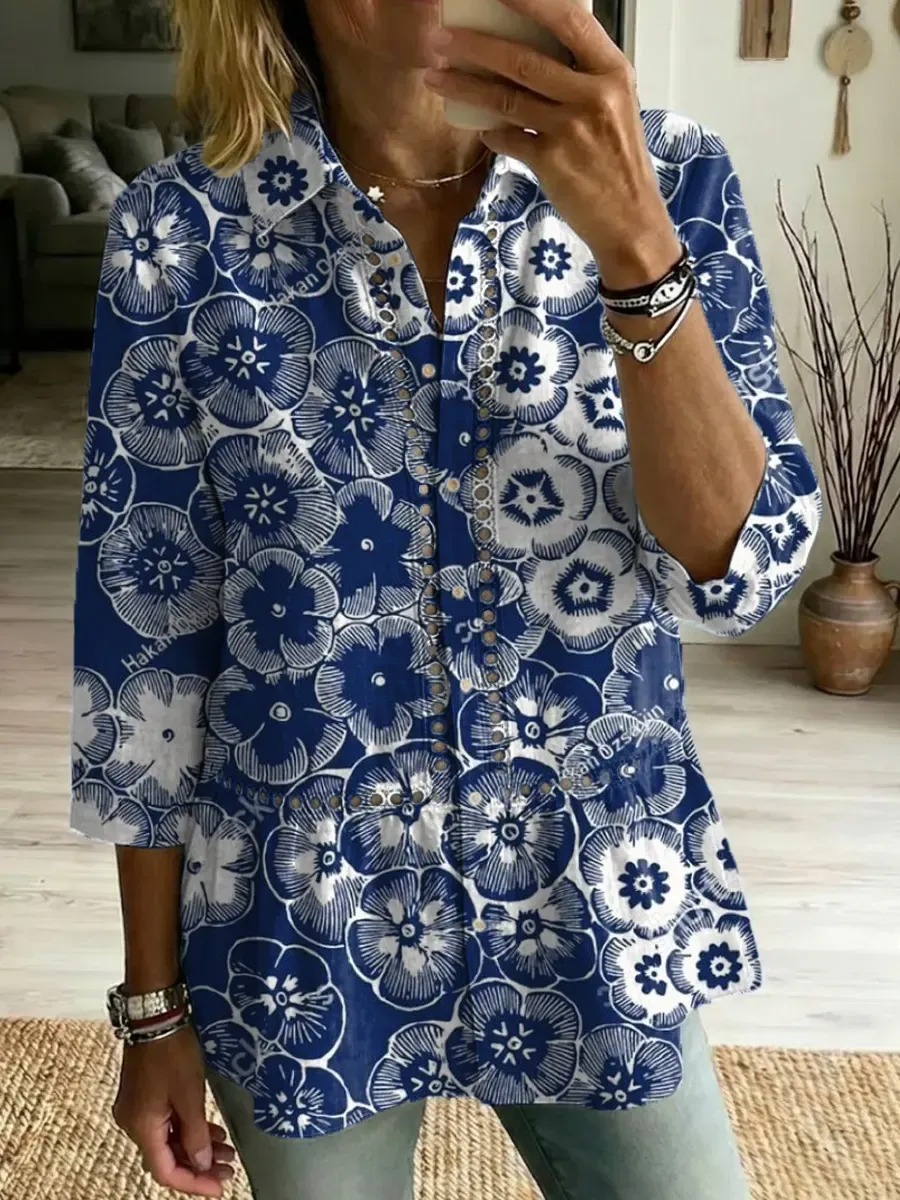 Women's Retro  Art Print Casual Lapel Cotton Shirt