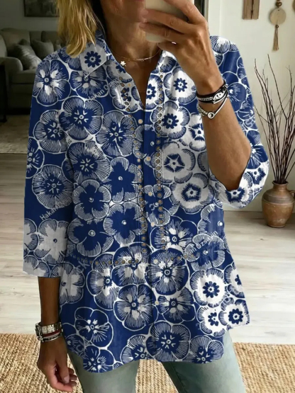 Women's Retro  Art Print Casual Lapel Cotton Shirt