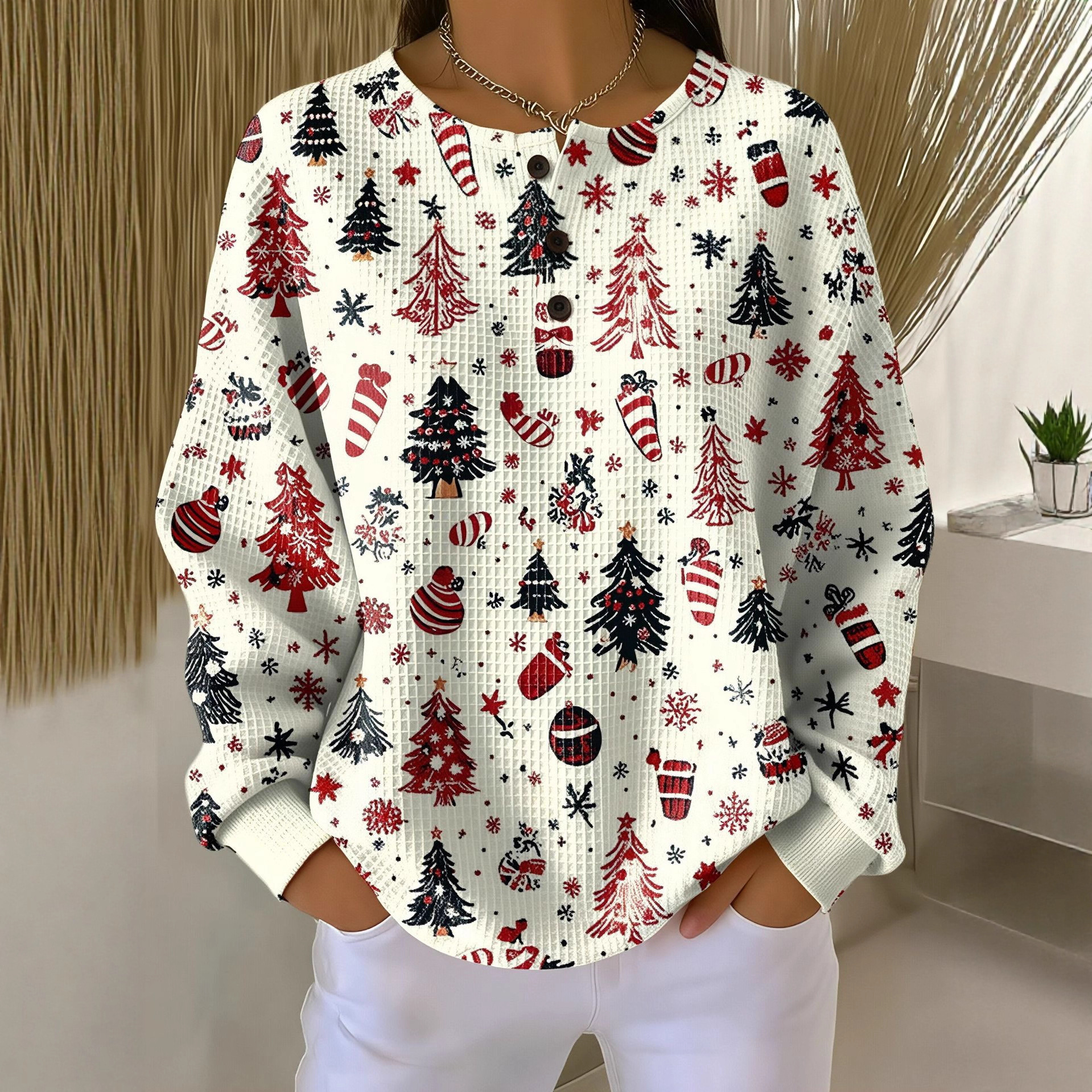 Women's Geometric Print Button-Up Casual Waffle Knit Sweatshirt