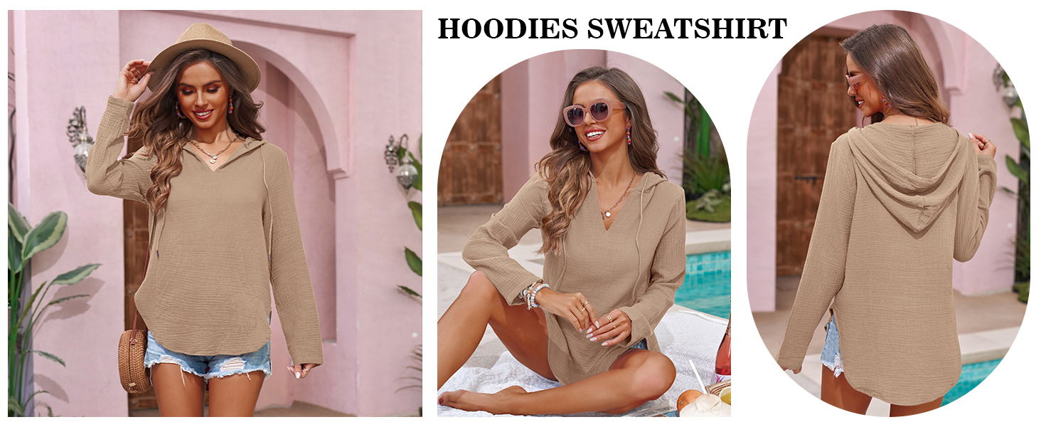 Long Sleeve V Neck Pocketed Hooded Shirt Top