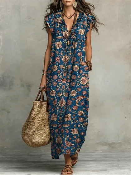 Y2 Retro Distressed Large Floral Dress V-Neck Ruffle Sleeveless Pocket Loose Holiday Long Dress - Bamboo Linen