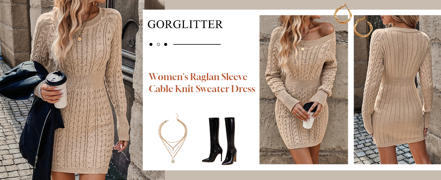 Raglan Sleeve Cable Knit Sweater Dress