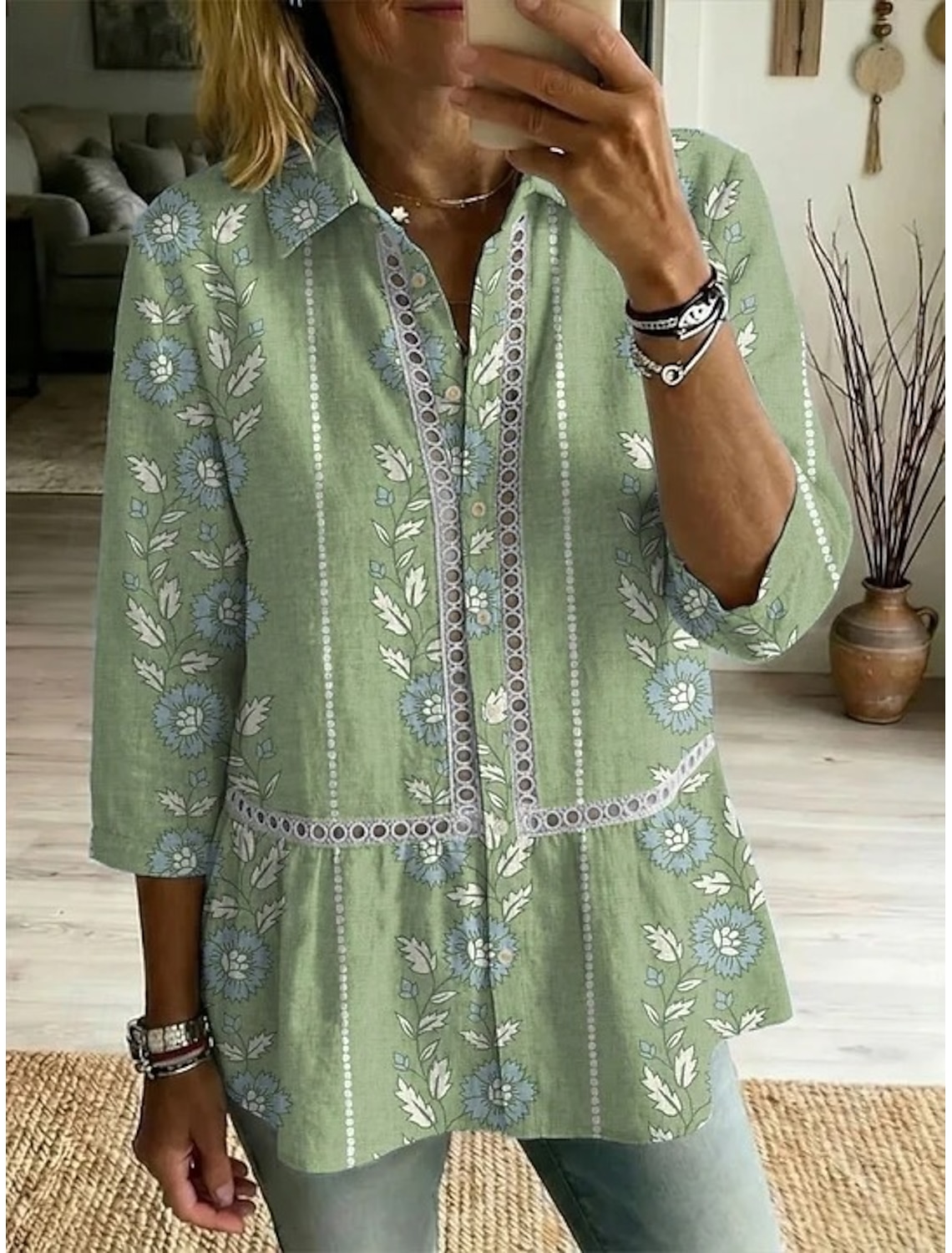 Women's Retro  Art Print Casual Lapel Cotton Shirt