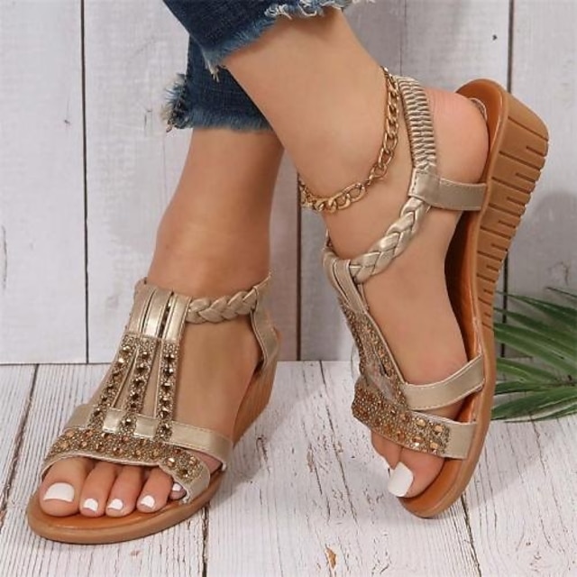 Women's Wedge Sandals with Rhinestone Embellishments – Comfortable Elastic Straps and Floral Patterned Details for Casual Summer Wear