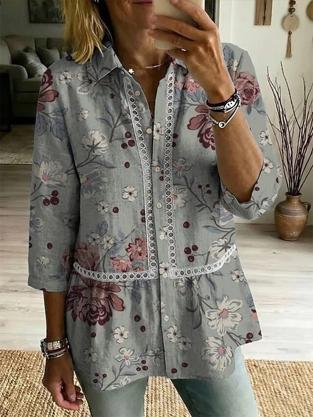 Women's Retro Art Print Casual Lapel Cotton Shirt
