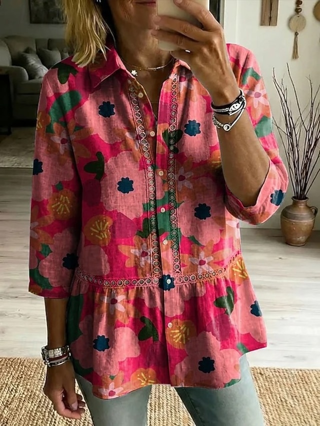 Women's Retro Art Print Casual Lapel Cotton Shirt