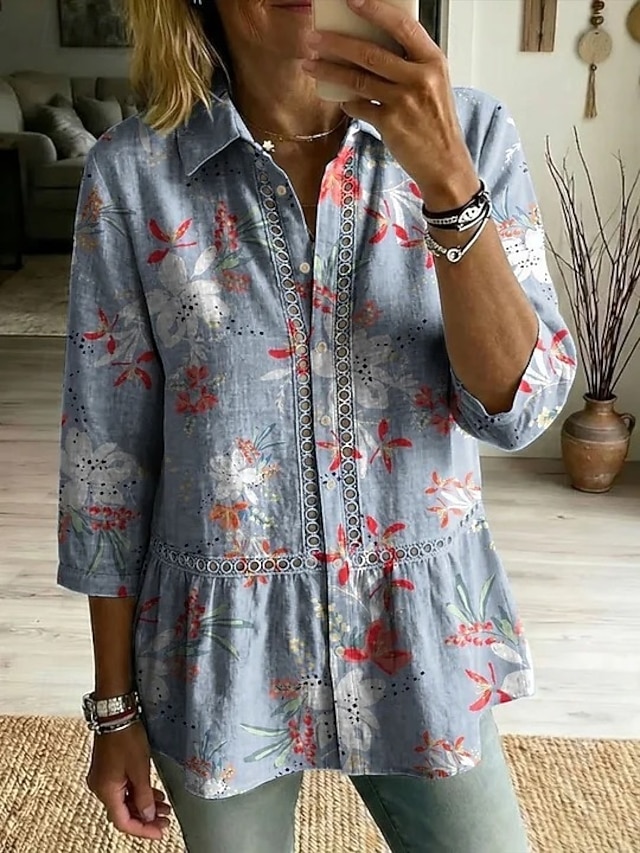 Women's Retro Art Print Casual Lapel Cotton Shirt