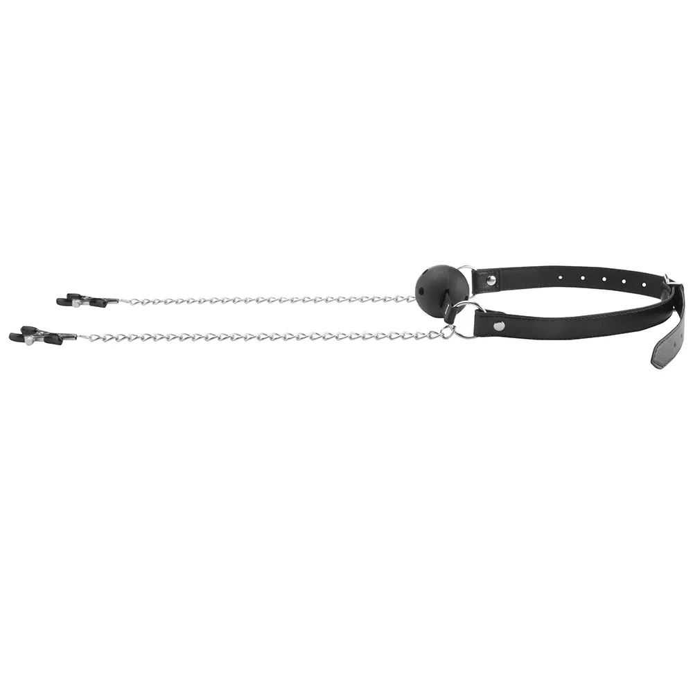 Black &amp; White Breathable Ball Gag With Nipple Clamps