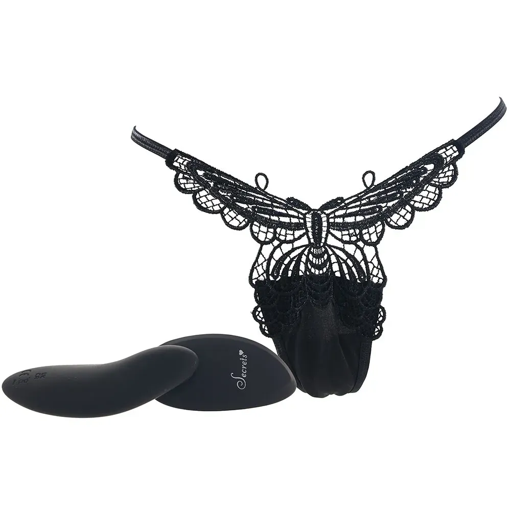 X-Gen  Black Butterfly Thong &amp; Remote Panty Vibe in OS-Seduce Mart