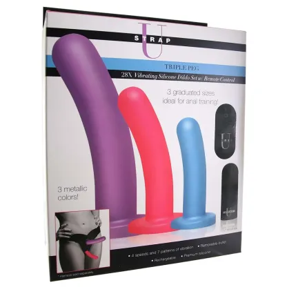 XR Brands  Strap U Triple Peg Vibrating Silicone Dildo Set-Seduce Mart