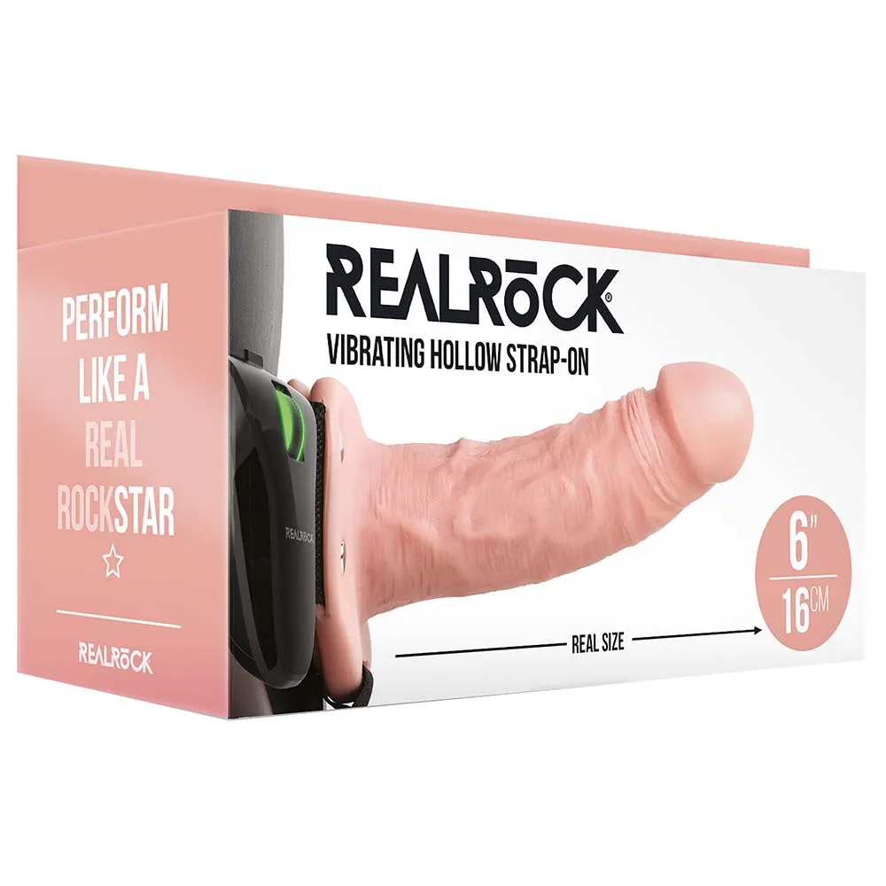 Shots Toys  Real Rock Hollow Vibrating 6 Inch Strap-On in White-Seduce Mart