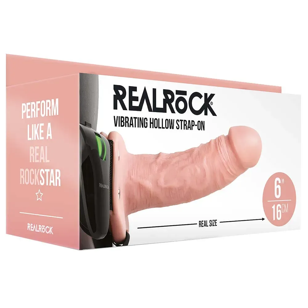 Shots Toys  Real Rock Hollow Vibrating 6 Inch Strap-On in White-Seduce Mart