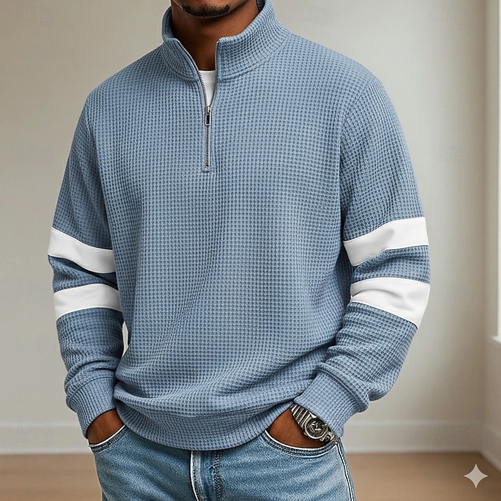 Men's Waffle Polo Shirts School Athleisure Standing Collar Long Sleeve Leisure Plain Zipper Spring Fall Blue Brown Gray Waffle Polo Shirts 2025 - $27.99 –P1