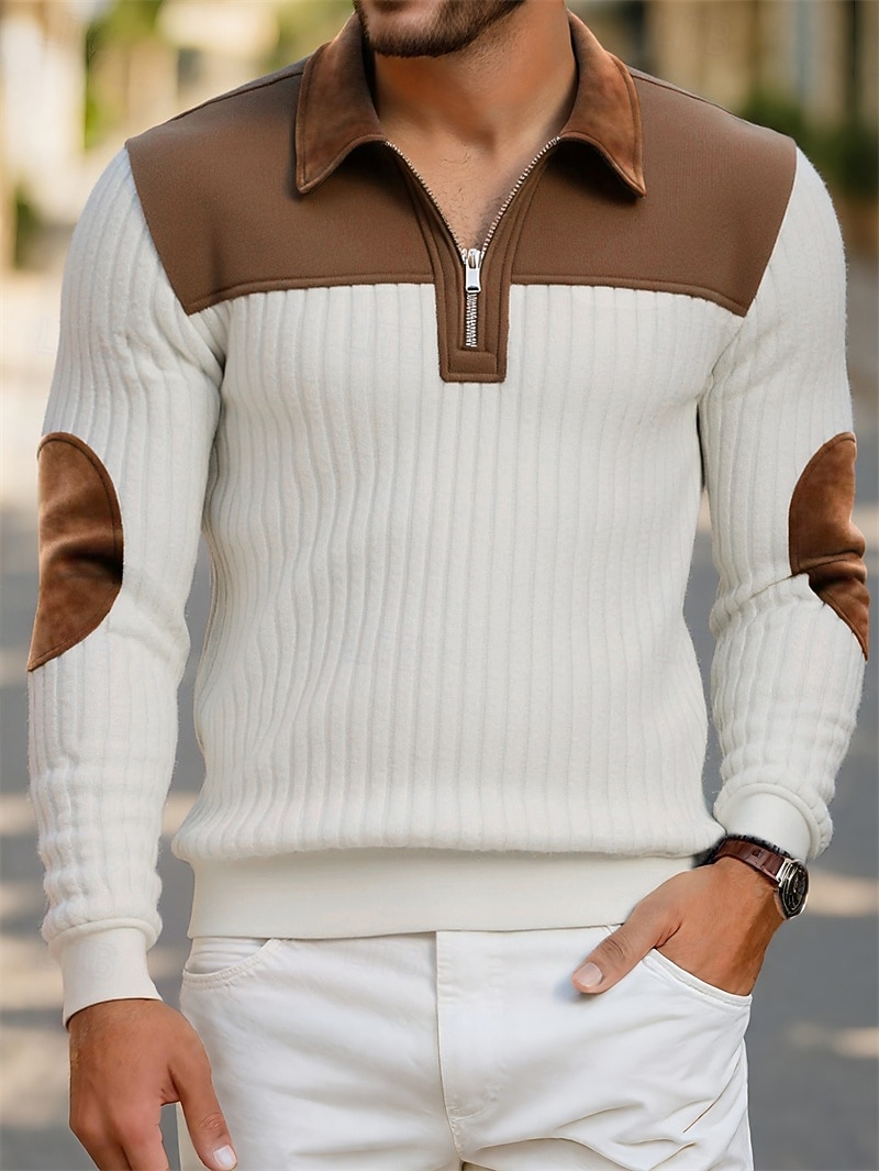 Men's Polo Polo Shirts Vacation Street Quarter Zip Long Sleeve Fashion Basic Color Block Jacquard Patchwork Fall & Winter Regular Fit Black White Army Green Apricot Polo 2025 - $32.99 &ndash;P6