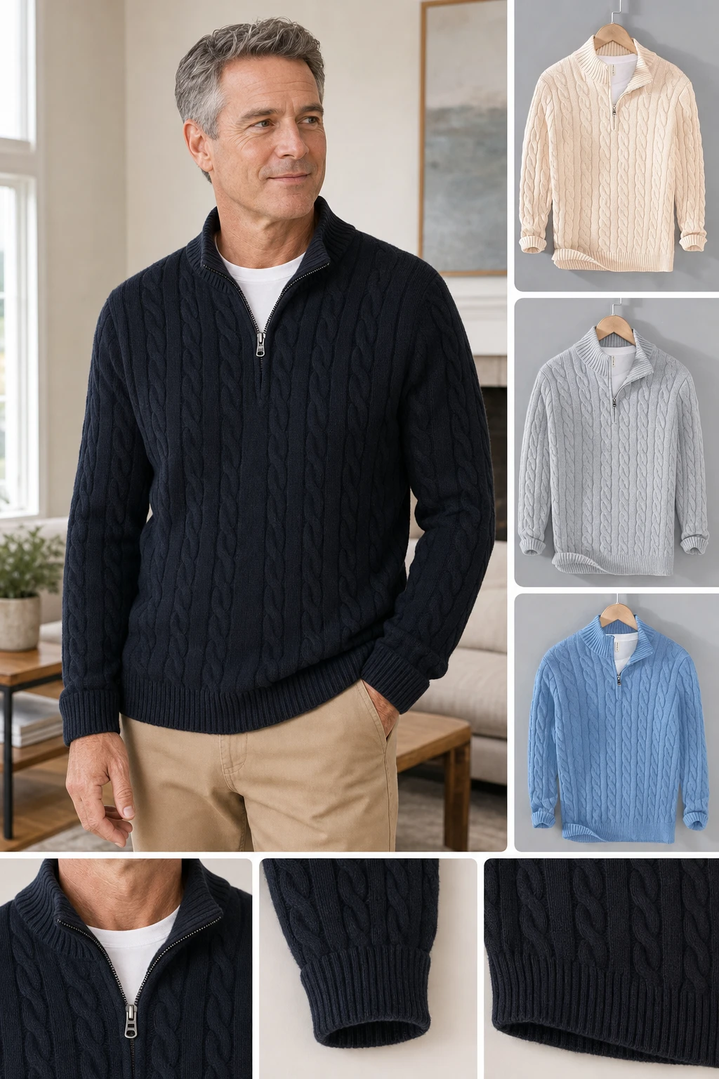 Vertical style board with a mature American male model in the navy pullover and inset views of beige, gray, and soft blue colorways
