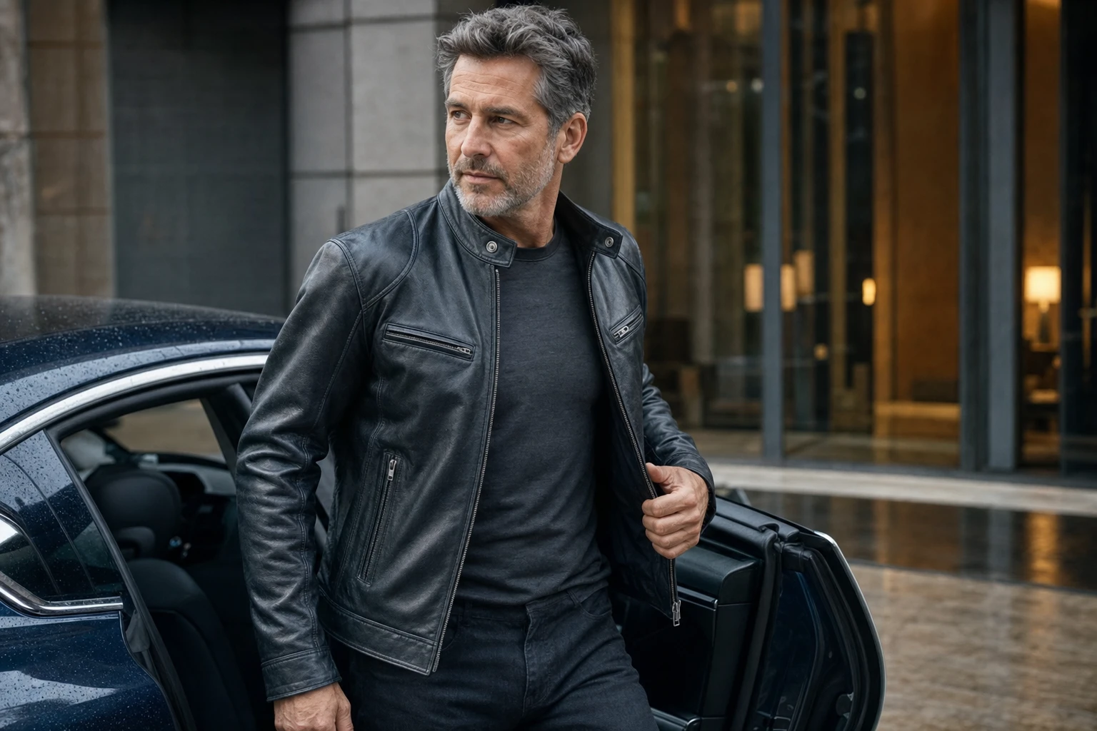 Mature American male model wearing a dark blue leather jacket open over a charcoal shirt beside a car