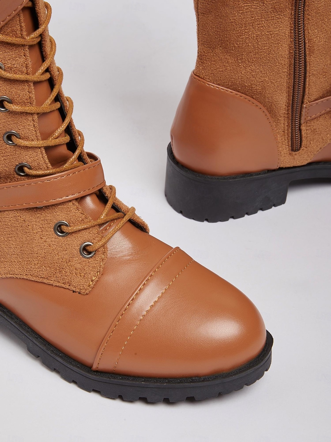 Women's Lace-Up Knee-High Boots - Brown Faux Leather Combat Boots with Buckle Straps, Vintage Riding Style Footwear for Fall and Winter 2026 - $46.99 &ndash;P6