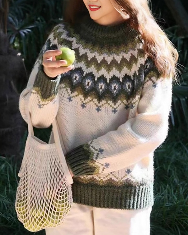 Women's Christmas Sweater Fair Isle Sweater Sweater Fair Isle Sweater Fashion Streetwear Casual Geometric Ribbed Crew Neck Knitted Long Sleeve Regular Tops Knit Outdoor Daily Weekend White Pink Fall 2025 - $31.99 &ndash;P5