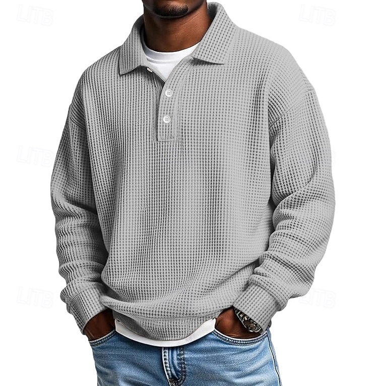 Men's Waffle Polo Shirts Textured Formal Business Ribbed Polo Collar Long Sleeve Fashion Solid Color Buttons Plain Fall Spring & Fall Loose Fit Black Light Green Green Light Blue Purple Khaki Waffle 2025 - $23.99 –P8