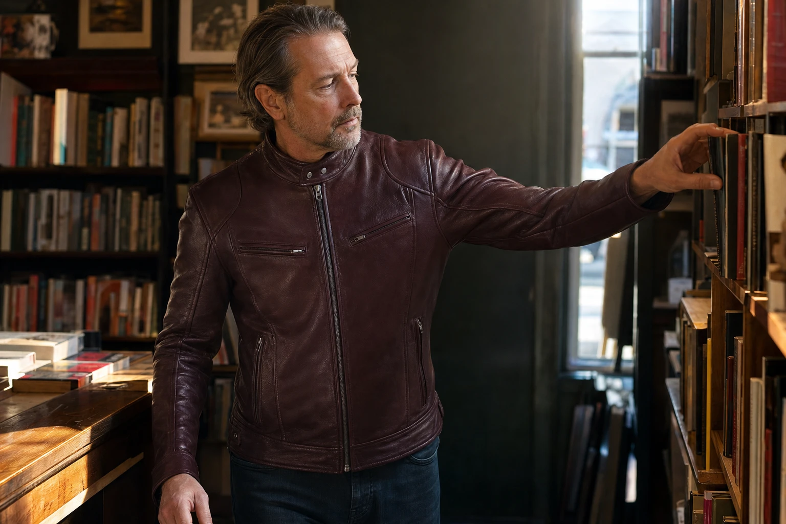 Mature man wearing a bordeaux leather jacket in a bookstore