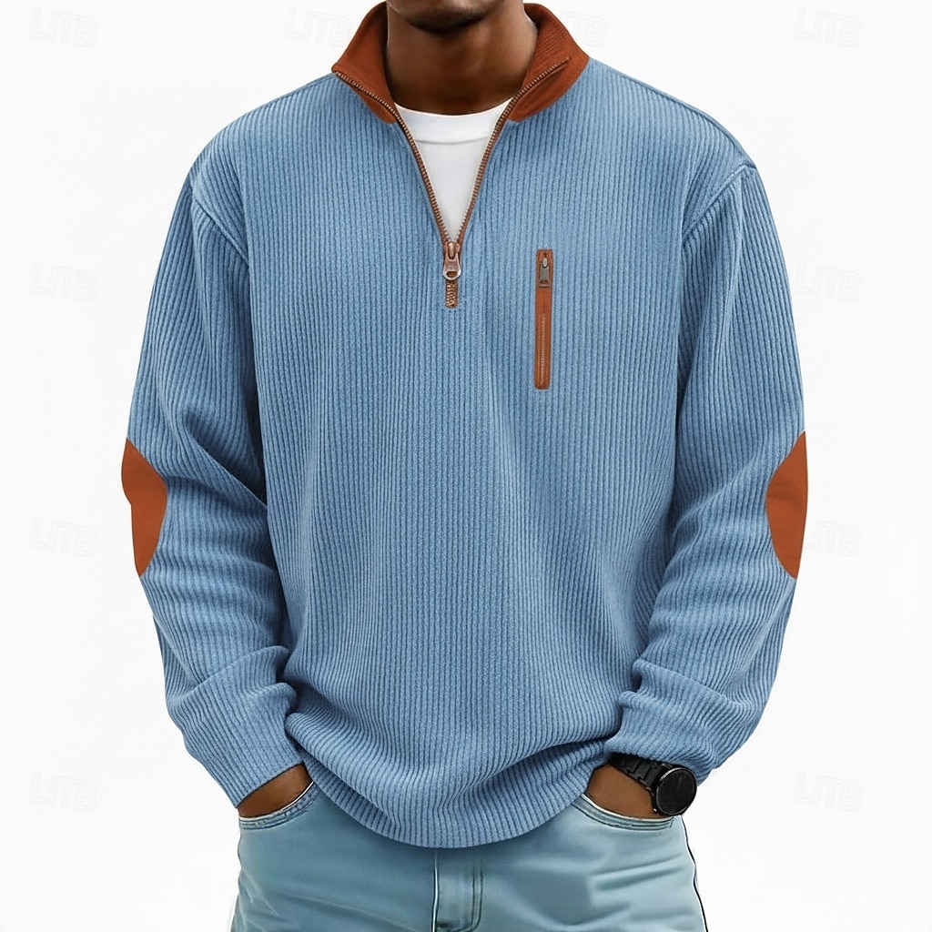 Men's Corduroy Shirt Tee Top Long Sleeve Shirt Long Sleeve Zip Fall Winter Color Block Daily Textured Casual Zip Up Oversized Loose Outdoor Street Causal Light Blue Black Dark Blue Top Tee for Men 2025 - $23.99 –P1