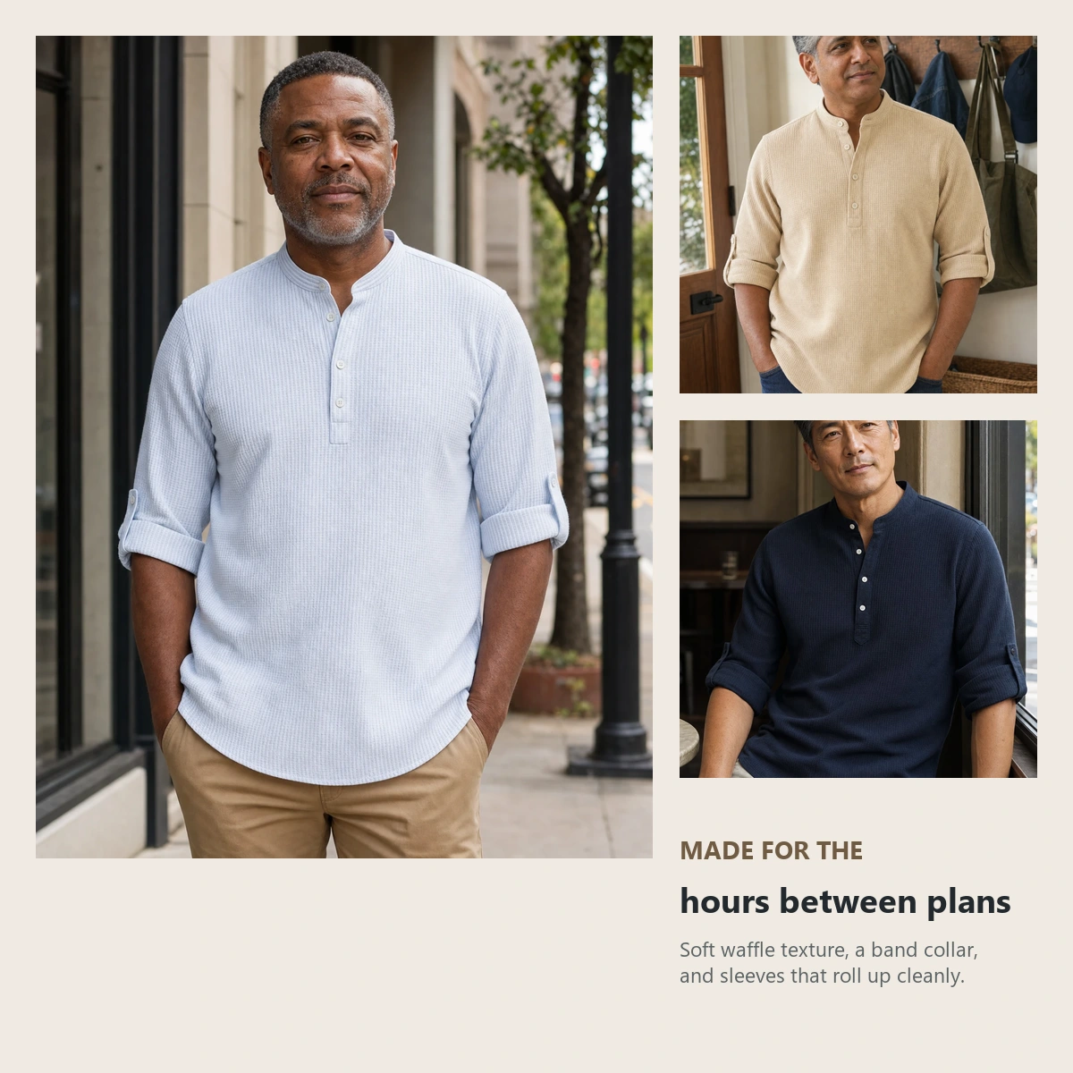Light blue, beige, and navy Porto Henley model scenes arranged as an editorial story board