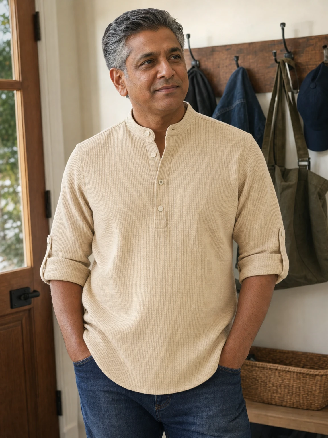 Mature South Asian American male model wearing the beige Porto Henley at home