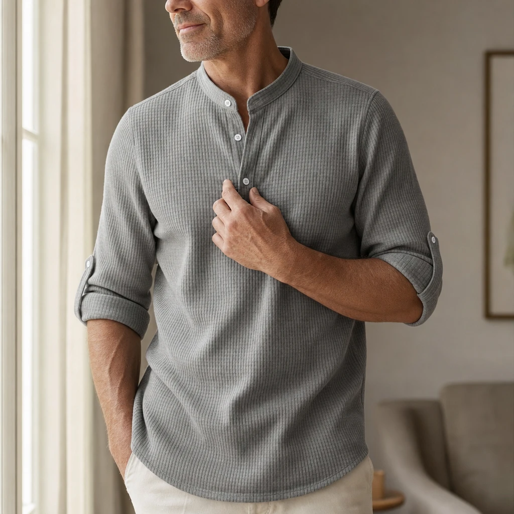 Close-up of a mature man touching the Porto Henley waffle texture, band collar, half-button placket, and rolled sleeve