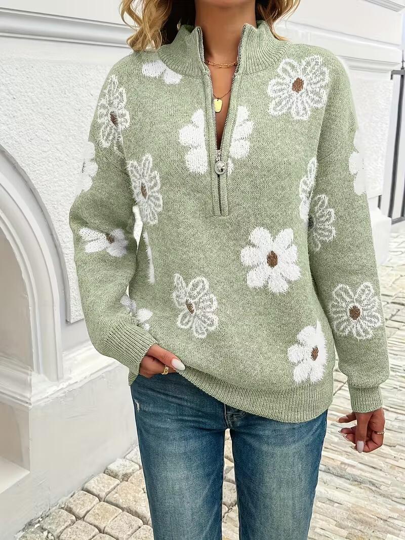 2026 Sping New Floral Pattern Half-zip Pullover Sweater