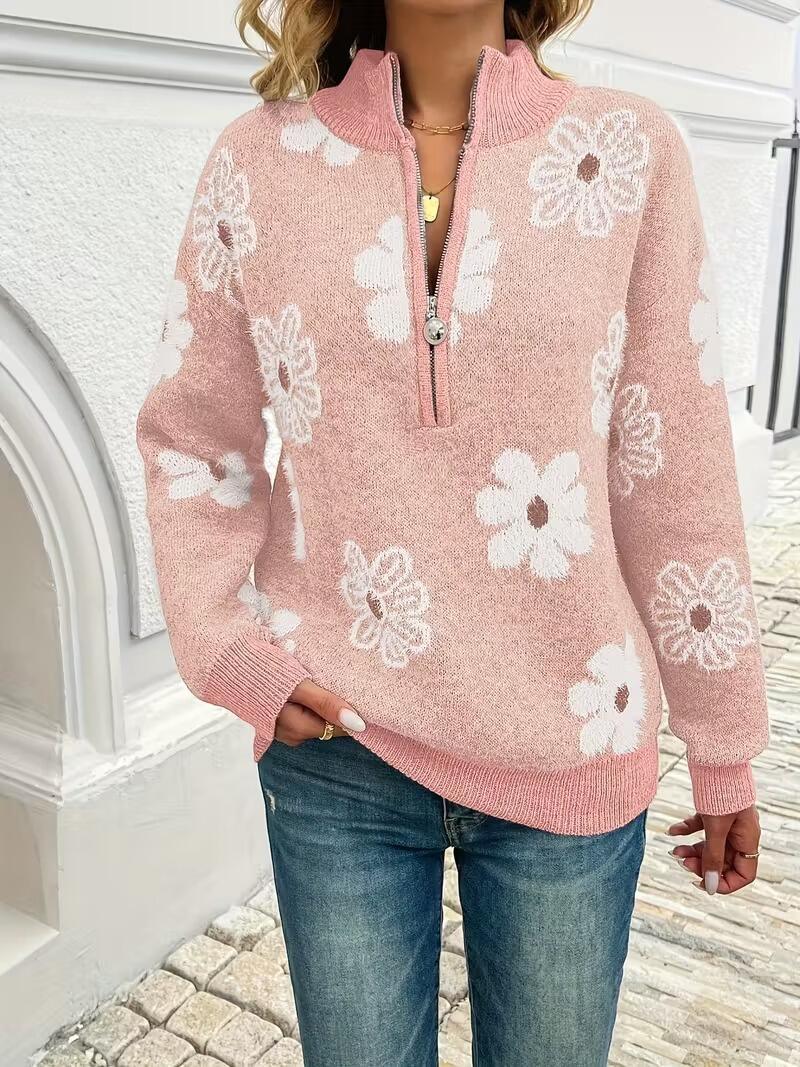 2026 Sping New Floral Pattern Half-zip Pullover Sweater
