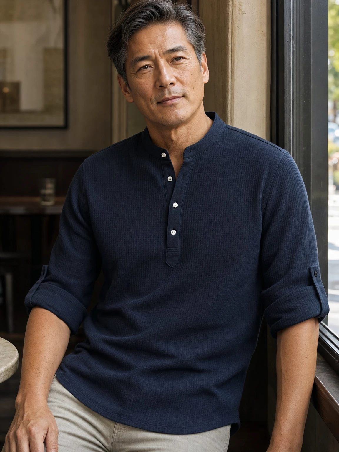 Mature East Asian American male model wearing the navy Porto Henley near a cafe window