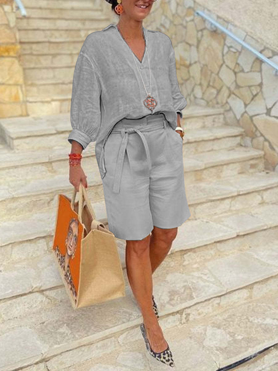 Casual Long Sleeve V Neck Top With Shorts Set