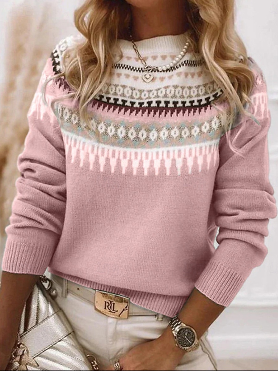 Women's Sweater Pullover Sweater Jumper Casual Soft Geometric Color Block Ribbed Crew Neck Knitted Long Sleeve Regular Tops Knit Outdoor Daily Weekend Pink Blue Fall Winter 2025 - $31.99 &ndash;P3