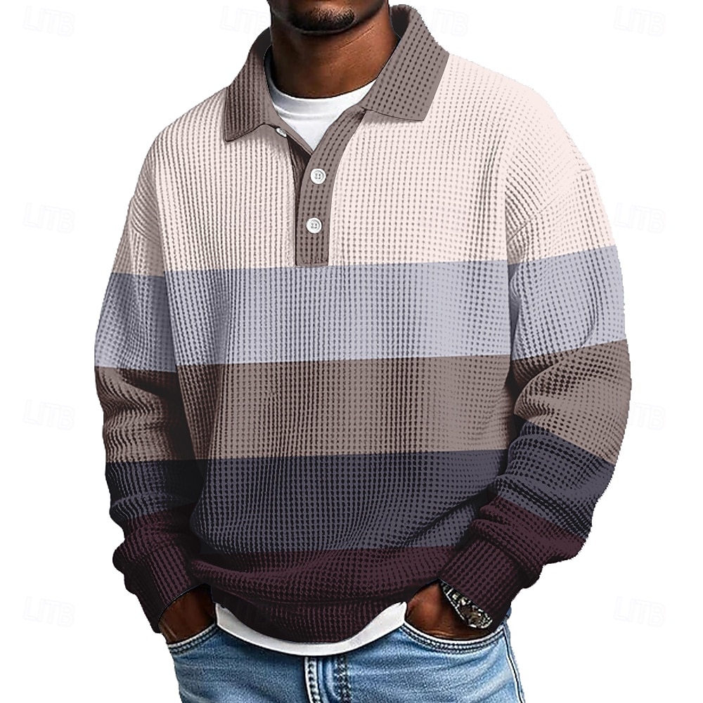 Men's Horizontal Stripes Waffle Polo Shirts Textured Long Sleeve Polo Shirts Lapel Casual Athleisure Daily Wear 3D Print Spring Fall Winter Blue Dark Brown Light Green 2025 - $26.99 –P5