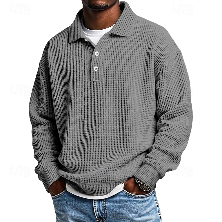 Men's Waffle Polo Shirts Textured Formal Business Ribbed Polo Collar Long Sleeve Fashion Solid Color Buttons Plain Fall Spring & Fall Loose Fit Black Light Green Green Light Blue Purple Khaki Waffle 2025 - $23.99 –P4