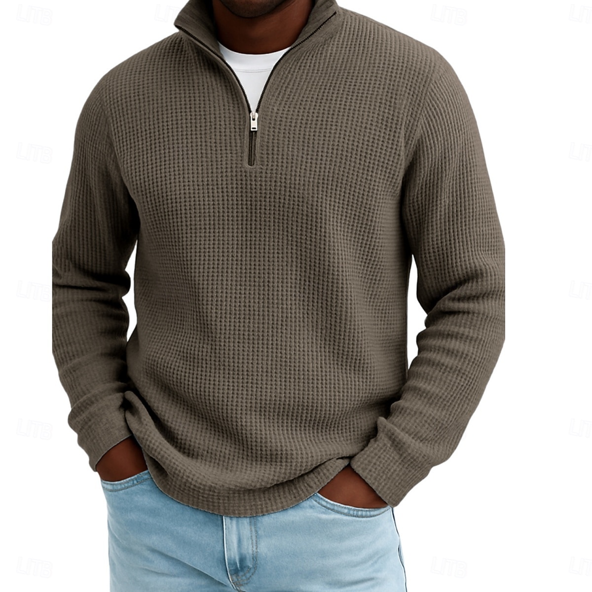Men's Waffle Polo Shirts Textured Outdoor Causal Quarter Zip Long Sleeve Fashion Modern Solid Color Textured Knitted Fall Spring &  Fall Fall & Winter Regular Fit Dark Brown Wine Black White Navy 2025 - $22.99 &ndash;P6