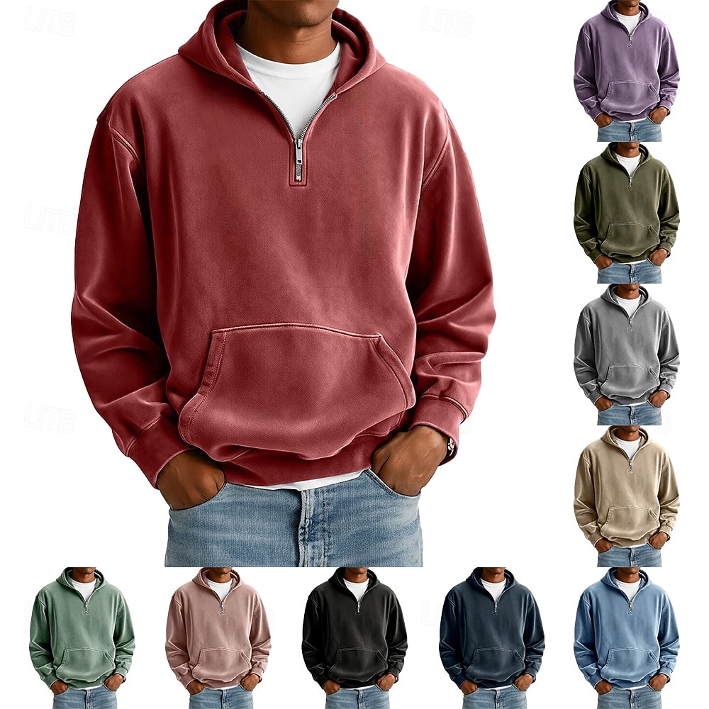 Men's Hoodie Pullover Hoodie Sweatshirt Quarter Zip Hoodie Apricot Wine Red Black White Light Green Hooded Plain Kangaroo Pocket Sports & Outdoor Casual Daily Vintage Streetwear Cool Spring Fall 2025 - $20.49 –P1