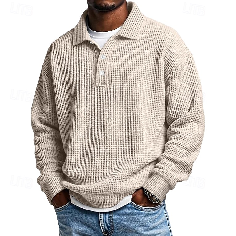 Men's Waffle Polo Shirts Textured Formal Business Ribbed Polo Collar Long Sleeve Fashion Solid Color Buttons Plain Fall Spring & Fall Loose Fit Black Light Green Green Light Blue Purple Khaki Waffle 2025 - $23.99 –P2
